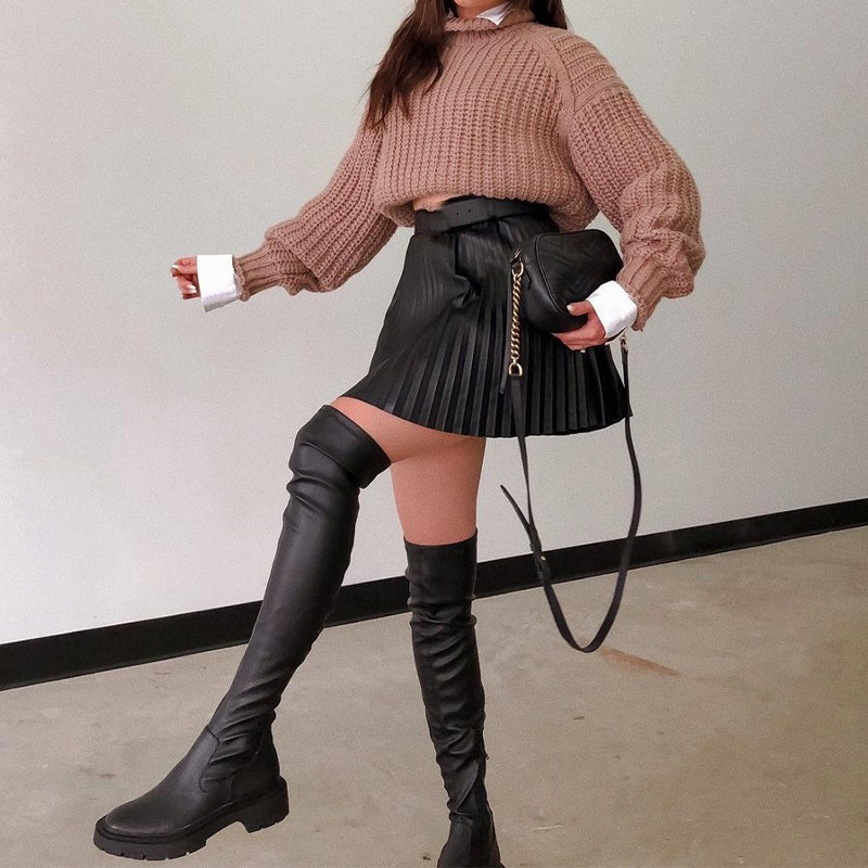 Summer High Waist Pleated A-line Women Mini Skirt Faux Leather Women's Short Skirt 2021 Spring Autumn Casual Ladies Bottoms 210309