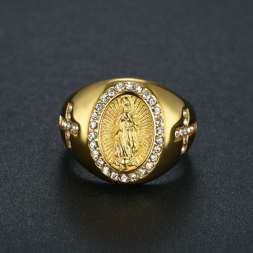 Stainless Steel Cross Casting Finger Ring Hip Hop White Zircon Religious Jewelry Bling 18K Gold Plated