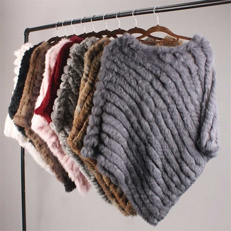 Real Rabbit Fur Knitted Rabbit Fur Poncho Vest Fashion Wrap Coat Shawl Lady Natural Fur Wedding Party Wholesale Cape 211009
