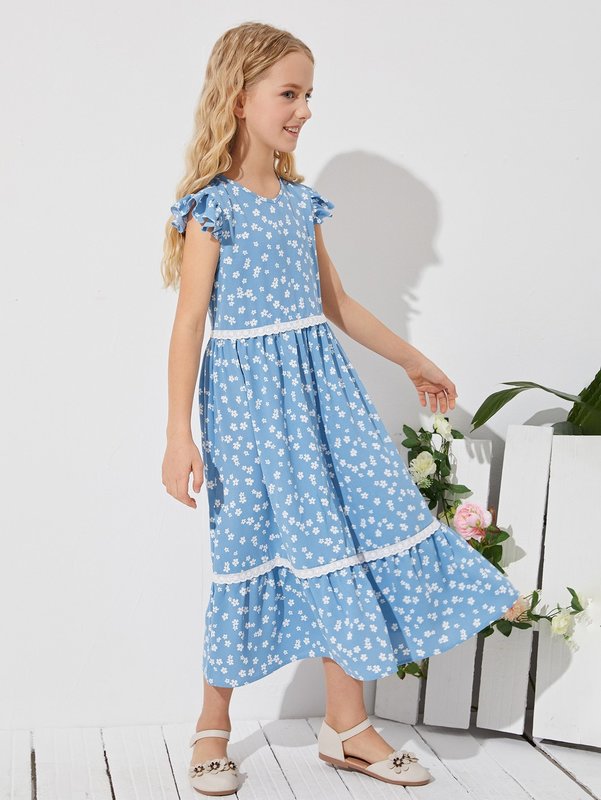 Girls Ruffle Trim Schiffy Detail Floral Dress SHE