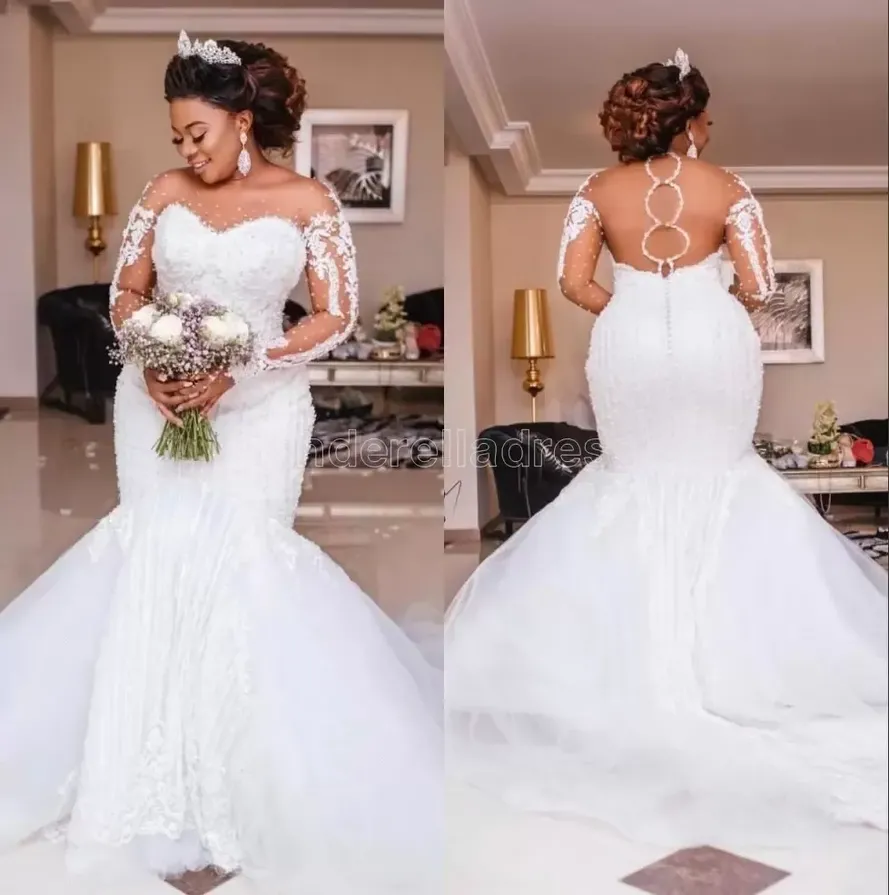 Beading Mermaid Dresses Long Sleeve Appliques Pearls African Wedding Gowns Plus Size Bridal Vestido De Noiva Bc3027