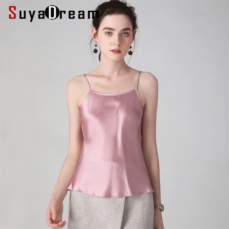 SuyaDream Women 100%Real Silk Camisoles Solid Smooth Silk Satin Camis Spring Summer Bottoming Vests 210625