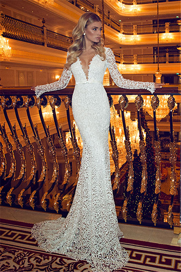 Charming Backless Full Lace Mermaid Evening Dresses Long Sleeve 2021 Deep V-Neck Sexy Long Prom Party Dress Cheap Plus Size Reception Gowns