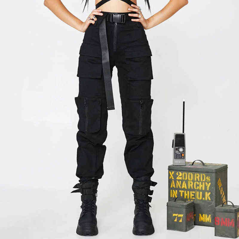 Y Demo techwear Casual Women Cargo Pants Sashes High Waist pockets Full Length Drawstring Trousers Female Fashion Clothes 211115