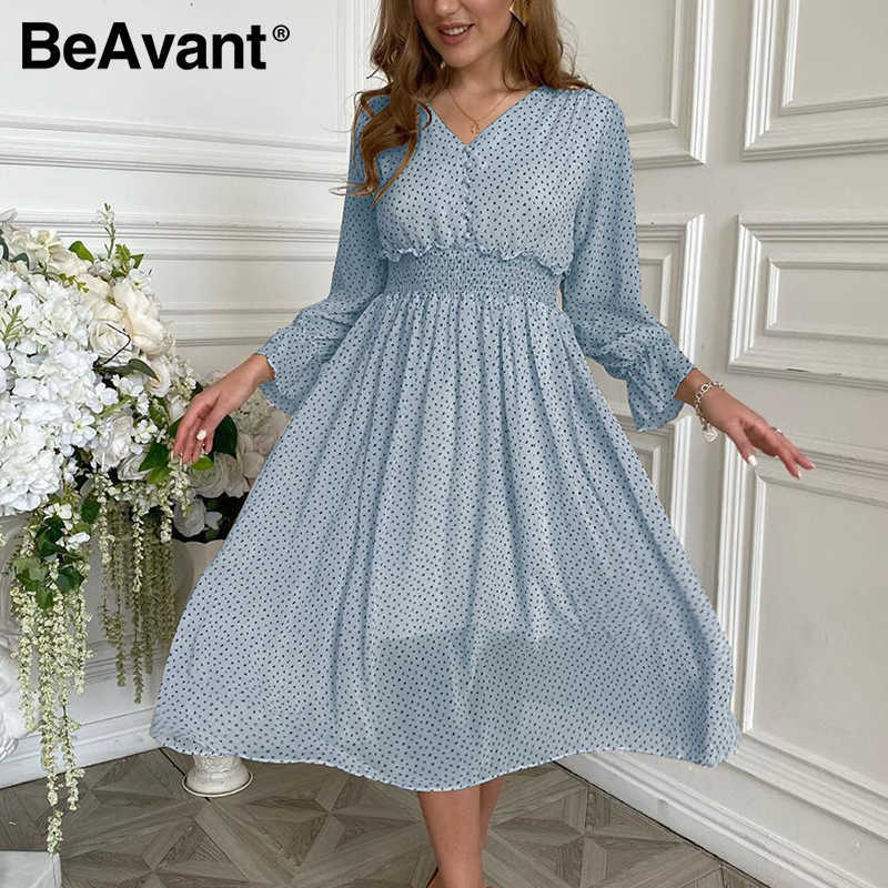 Beavent Casual flare sleeve dress women Elegant V-neck polka dot print dress High waist A-Line holiday female midi dress vestido 210709