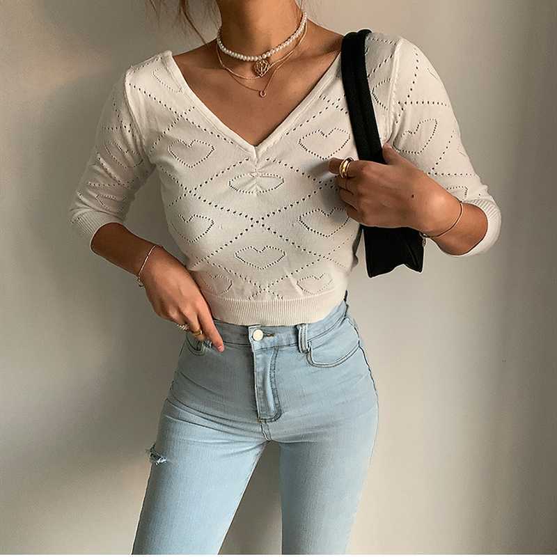 Sexy vintage V-neck folds pink peach heart hollow knit sweaters slim thin 3/4 sleeve short crop tops pullover jumpers for woman 210918
