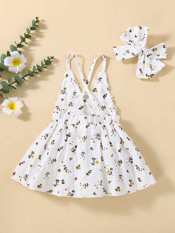 Baby Plant Print Appliques Cami Dress & Headband SHE
