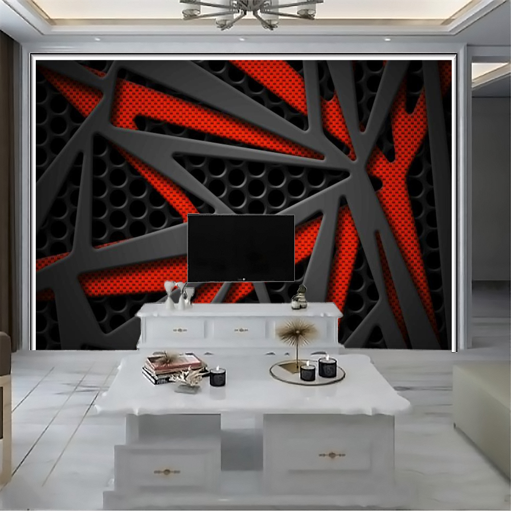 3d Wallpaper Living Room Printed Mural Wallpapers Red Gray Lines Geometric Shapes