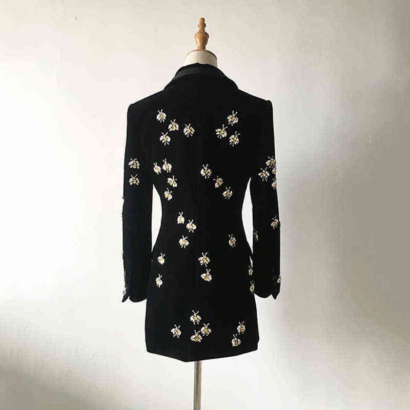 Top Fashion Women's High Street Luxury Black Velvet Blazers Notched Animal Bee Beading Fit Blazer Coat 211122