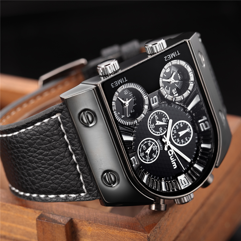 Oulm Men's Watches Mens Quartz Casual Leather Strap Wristwatch Sports Man Multi-Time Zone Military Male Watch Clock relogios 210310