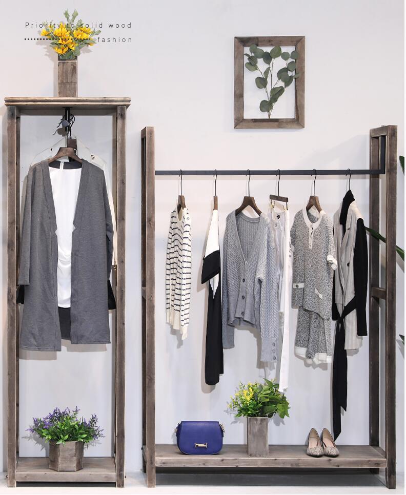 Clothing store wood display rack Commercial Furniture floor type show racks hanging cloth pole women's decoration design shelf shoe stand
