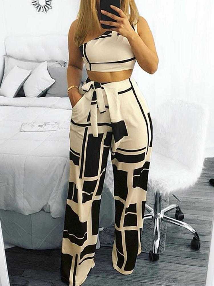Women Two Pieces Sets Self Belted Crop Top&Pants Colorblock One Shoulder Cropped High Waist Wide Pants Set Y0625
