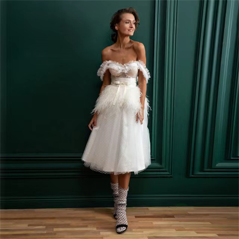 Feather Evening Dresses Lace Appliques Dots Women Prom Dress Bow Tea Length Sleeveless Off Shoulder Back Zipper Robe De Soriee