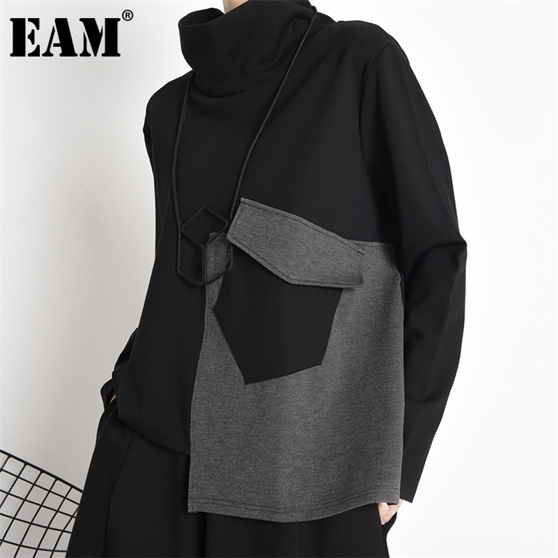 [EAM] Loose Fit Pocket Black Gray Sweatshirt New Turtleneck Long Sleeve Women Big Size Fashion Tide Spring Autumn LJ201130