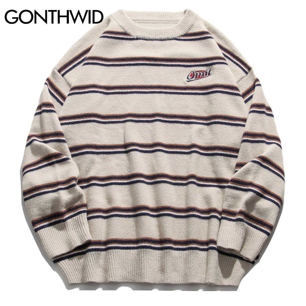 GONTHWID Harajuku Stripe Knitted Jumpers Sweaters Streetwear Hip Hop Casual Pullover Knitwear Mens Fashion Crew Neck Tops 210818