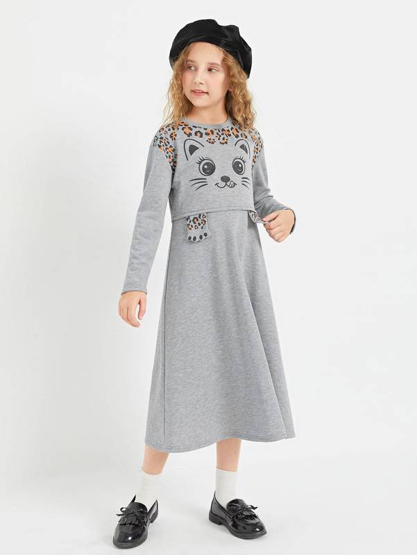 Girls Cartoon Graphic 3D Patched Dress SHE