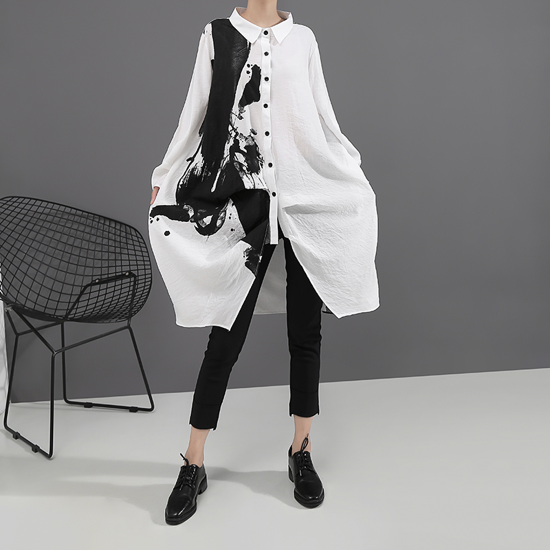 Korean Style Woman Long Sleeve White Print Shirt Dress Painting Plus Size Straight Lady Casual Midi Dress Loose Robe Femme 5459 210309