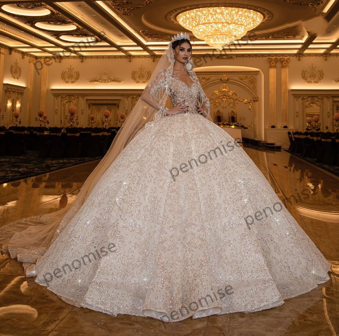 Glitter 2022 Lace Ball Gown Wedding Dresses Jewel Neck Tassels Sparkle Bridal Gowns Plus Size Customise Vintage Vestido De Novia s