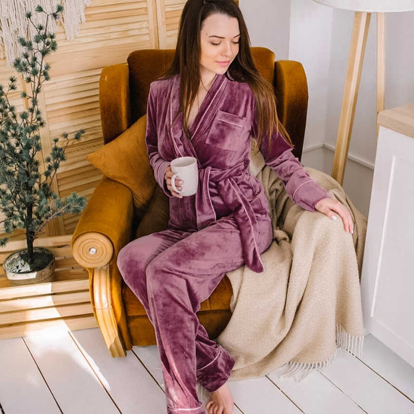 HECHAN Gray Velvet Pajamas Warm Long Sleeve Home Suit For Women Two Piece Set Thick Sleepwear Set Night Suit Sets Autumn Female 210924