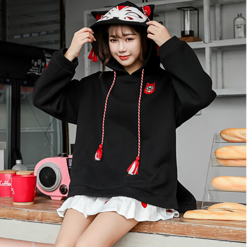 Merry Pretty Women Harajuku Embroidery Hooded Sweatshirts Long Sleeve Black White Drawstring Hoodies Sweet Girls' Pullovers 201102