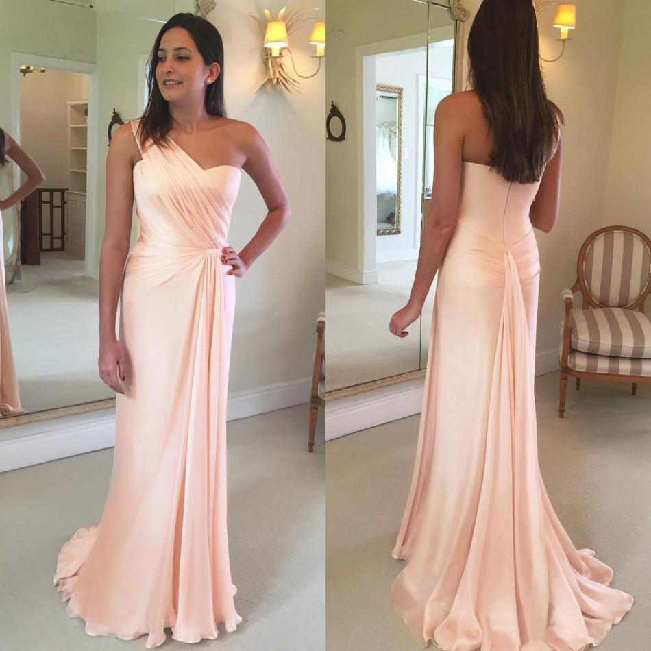 Elegant Pink Bridesmaid Dresses 2021 Mermaid One Shoulder Flow Pleats Long Evening Gowns Plus Size