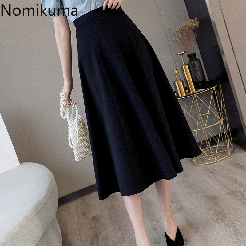 Nomikuma New Arrival A Line Skirt High Waist Back Zipper Solid Color Elegant OL Skirts Women Korean Fashion Faldas Mujer 3a298 210309