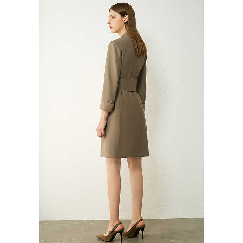 Minimalism Autumn Women's Suit Dress Solid Lapel Belt Knee-length Fashion Double Breasted Coat 12030296 210527