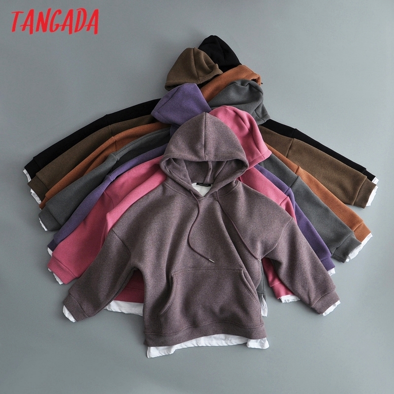 Tangada women woolen hoodie sweatshirts inside Lalambswool warm pocket winter oversize female patchwork hooded tops 7M1 201102