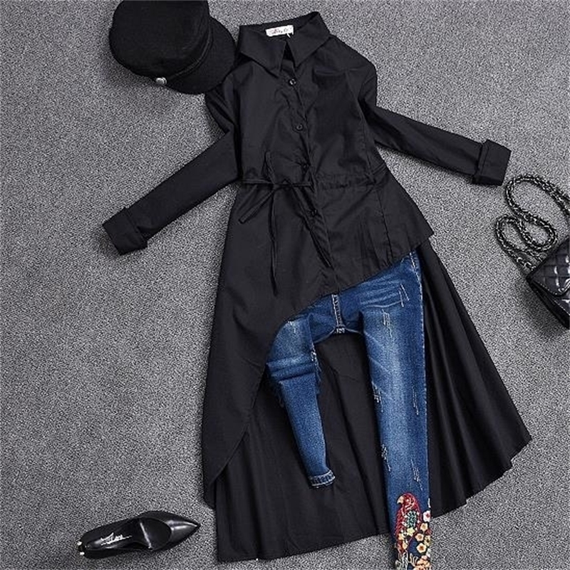 spring autumn Women long sleeve Irregular blouse turn down collar Plus Size Women long shirt T200319