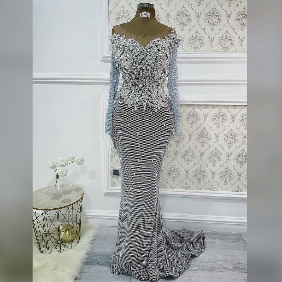 2021 Plus Size Arabic Aso Ebi Silver Mermaid Luxurious Prom Dresses Beaded Crystals Lace Evening Formal Party Second Reception Gowns Dress ZJ445