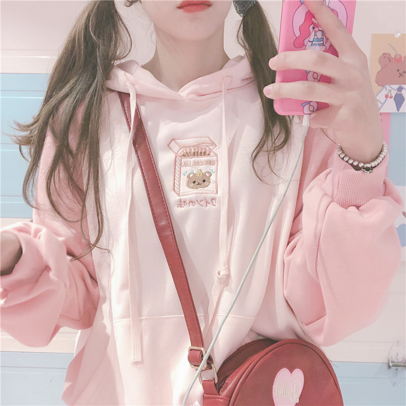 Japnaese Soft Girl Cute Cartoon Embroidery Patchwork Hooded Tops Hoodies Small fresh Harajuku Women's Loose Students Sweatshirt 201204