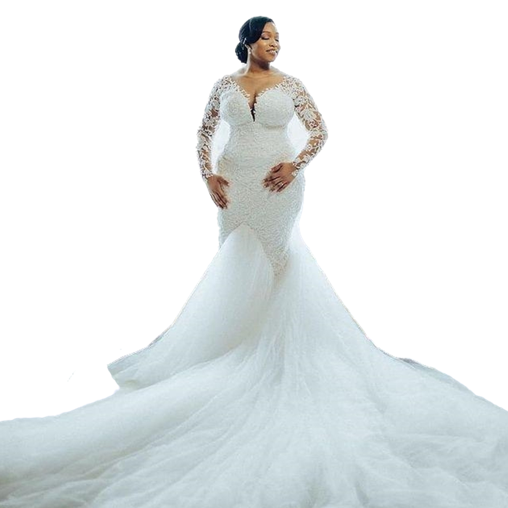 African White Tulle Mermaid Wedding Dress Lace Long Sleeves Chapel Train Plus Size Bridal Gowns Illusion Sheer V Neck Bride Formal Dresses 2022 Vestid