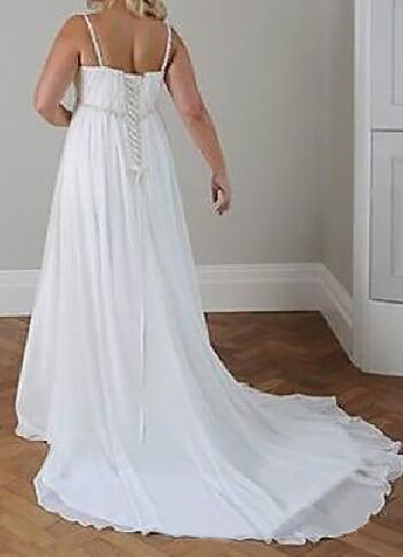 Plus Size Casual Beach Wedding Dresses 2021 Spaghetti Straps Beaded Chiffon Floor Length Empire Waist Elegant Bridal Gownse