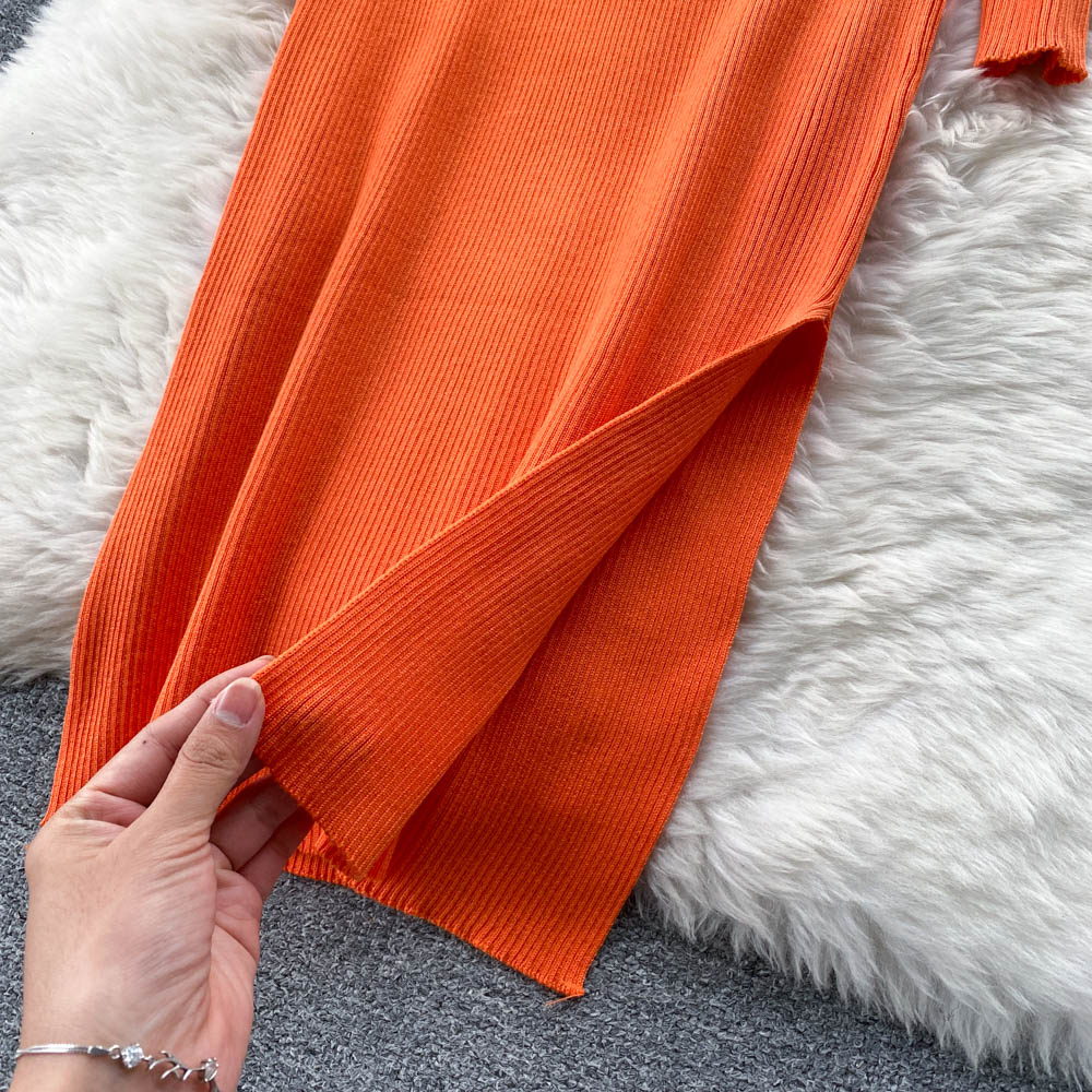 2021 New design womens square collar puff long sleeve knitted bodycon tunic side vent jag sweater dress solid color