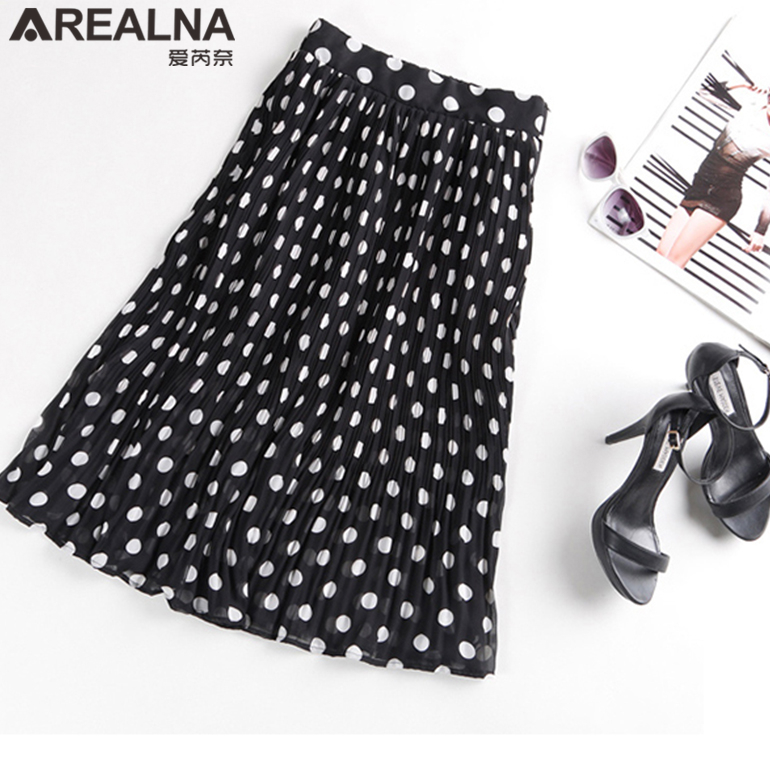 Black White Women's Tulle Polka Dot Chiffon Pleated Skirt Summer Skirts Womens Plus Size Harajuku Korean Midi Flared Skirt Women 210309