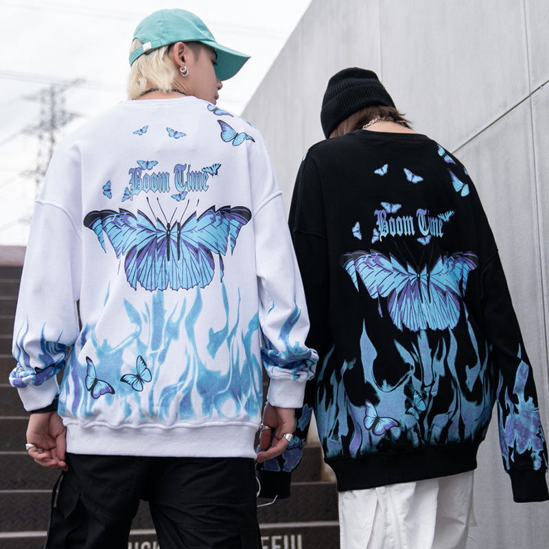 LENSTID Men Hip Hop Sweatshirt Blue Fire Flame Butterfly Harajuku Streetwear Hipster Pullover Hoodies Autumn Fashion Sweatshirts 201104