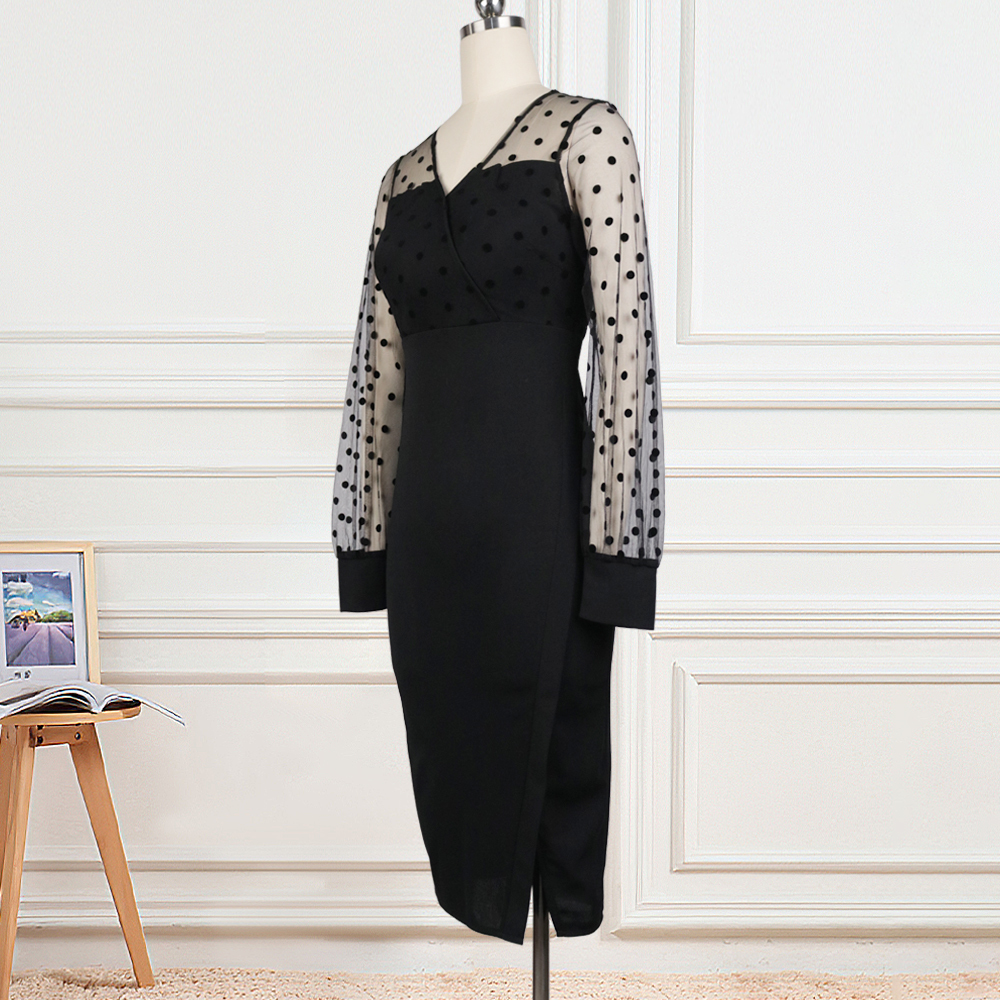Women Sheer Long Sleeves Polka Dot Bodycon Dress Office Ladies Slim See Through Women Vestido African Modest Celebrate Occassion 210309