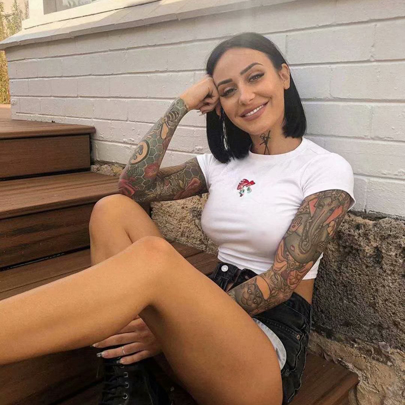 90s Retro Girls T Shirt Women Summer Sweet Cute Mushroom Embriodery Crop Tops Harajuku Punk Fashion Tshirt K Pop Tee Shirt Femme 210306