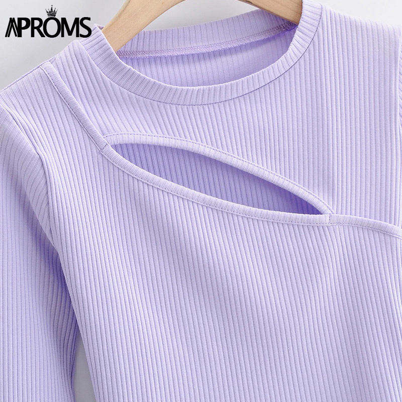 Aproms Elegant Autumn Ribbed Knitted Long Sleeve T-shirt Women Sexy Bodycon Crop Top Female Street Fashion Black Tshirt Tee 210310