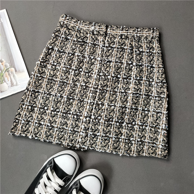 Korean Plaid Skirt Women Sequins Slim Short Skirts Women Autumn High Waist Vintage Aline Woolen Skirt Female With Shorts 210306