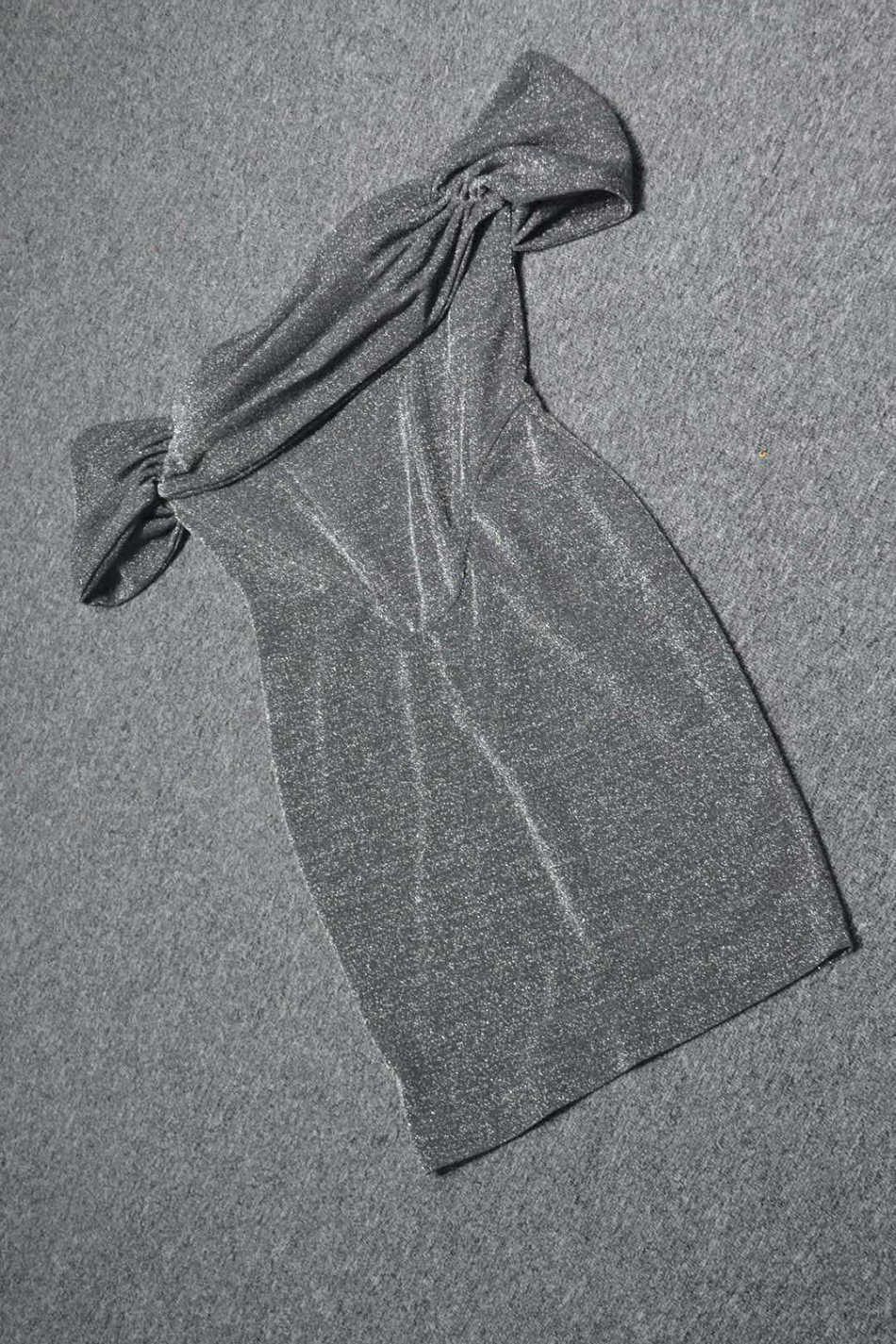 Summer Women'S Sexy Off-The-Shoulder Drape Glitter Shiny Gray Tight Dress Club Celebrity Party Vestido 210527