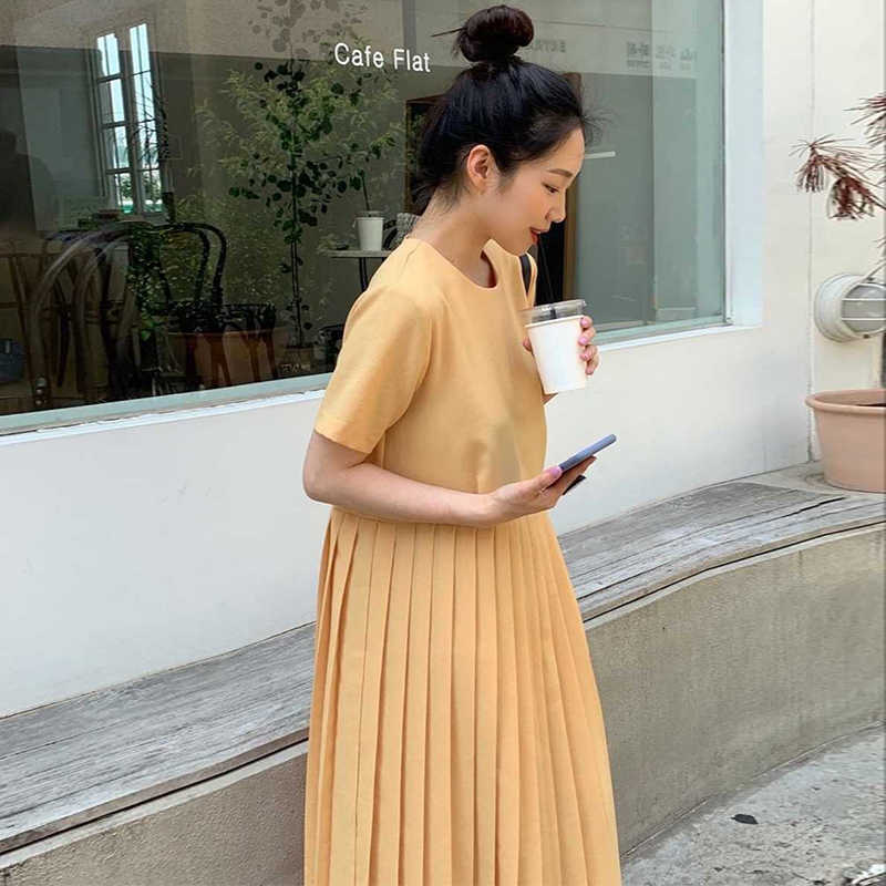 Korejpaa Women Dress Summer Korean Chic Ladies Age-reducing Sweet Round Neck Loose Solid Color Versatile Pleated Vestidos 210526