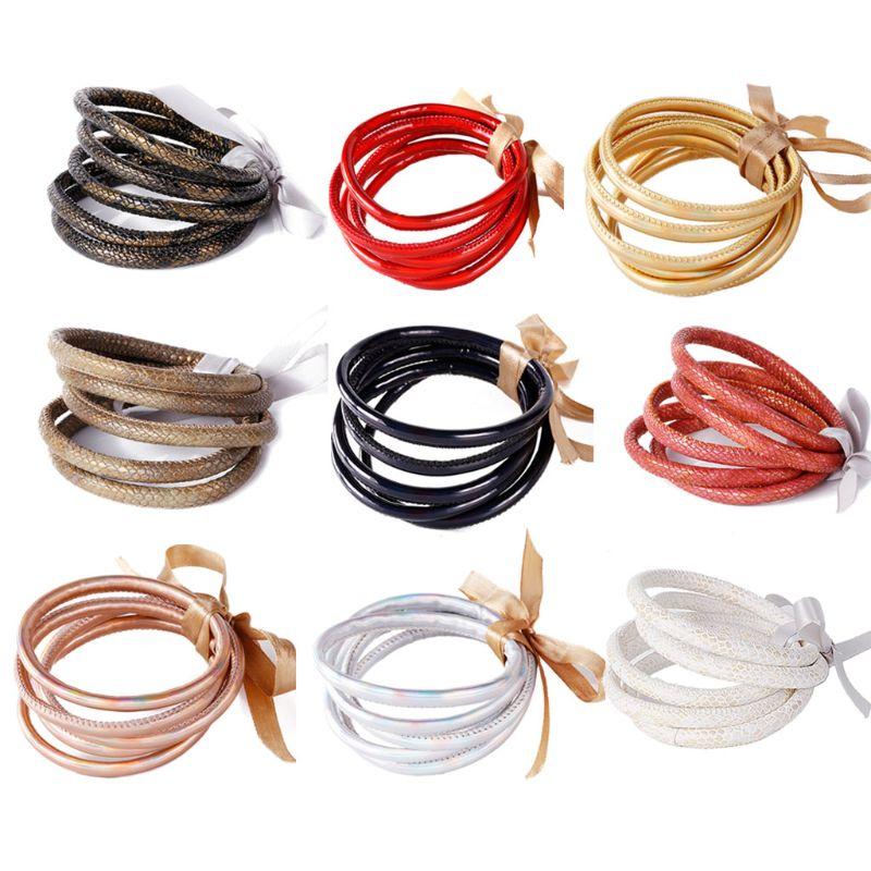 Charm Bracelets 5Pcs Bohemia Glitter Jelly Bangle Bracelet Set Bowtie PU Leather Hoop 45BC