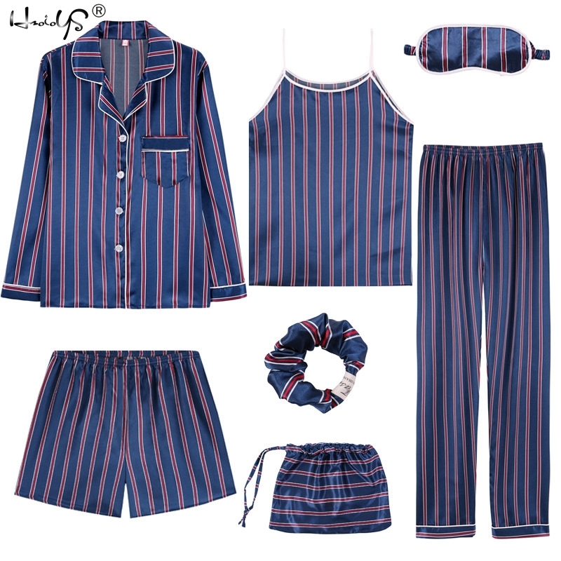 Women 7 Pieces Pajamas Sets Stripe Printing Satin Silk Pajamas Women's Sleepwear Lovely Home Clothing Long And Short Pijama 210203