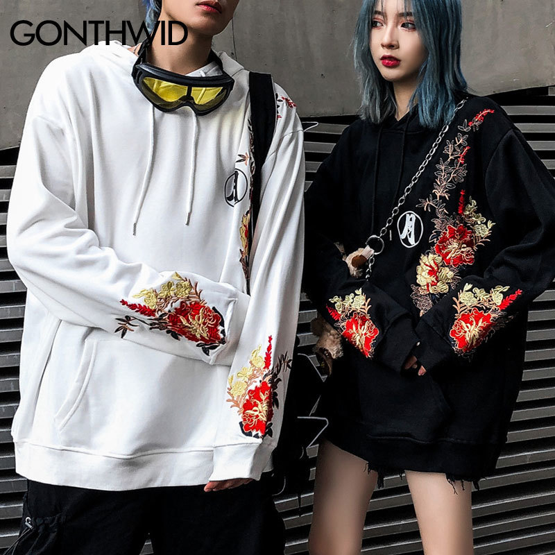 GONTHWID Embroidery Animal Flowers Rabbits Print Hooded Sweatshirts Harajuku Fashion Pullover Hoodies Hip Hop Casual Streetwear 201103