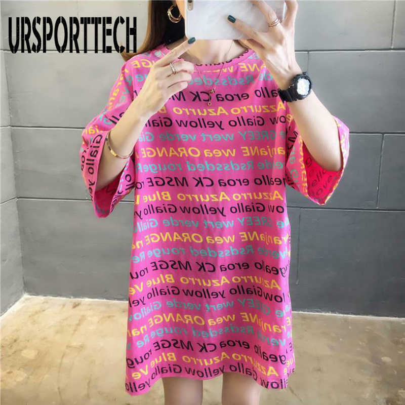 URSPORTTECH Womens Tshirts Letter Printed Long T Shirt Women Summer Short Sleeve Shirt Female Oversized Casual Harajuku Tops Tee 210528