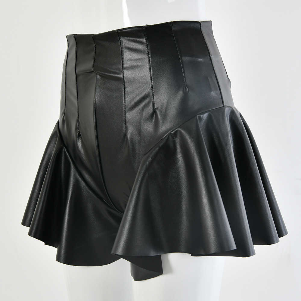 Colysmo Pu Leather Mini Skirt High Waist Sexy Pleated s Womens Black Elastic Faldas Streetwear Club Party Bottoms 210527