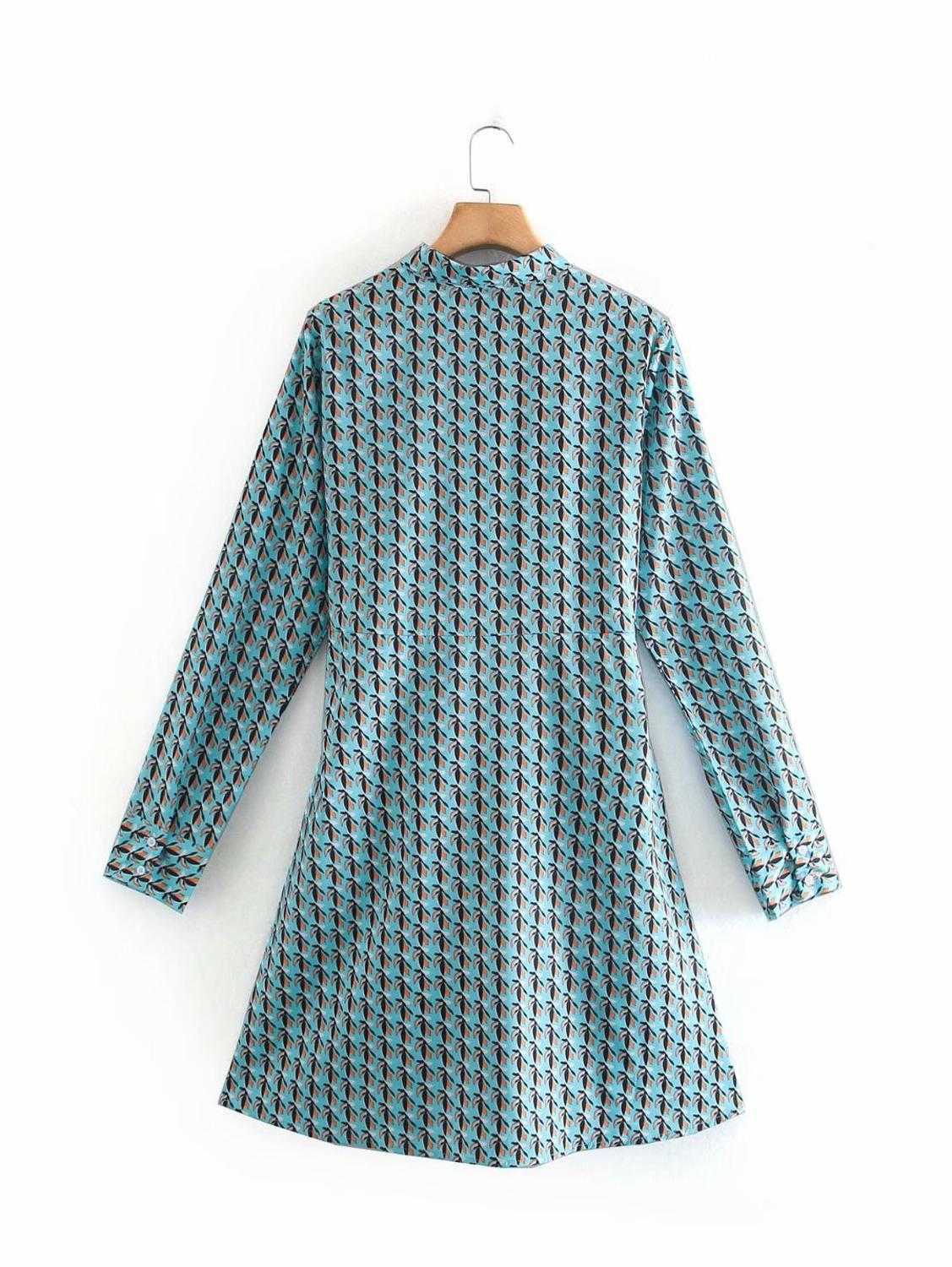 Zevity Women Vintage Turn Down Collar Leaves Print Wrapped Kimono Mini Dress Office Lady Long Sleeve Chic Sashes Vestido DS4761 210603