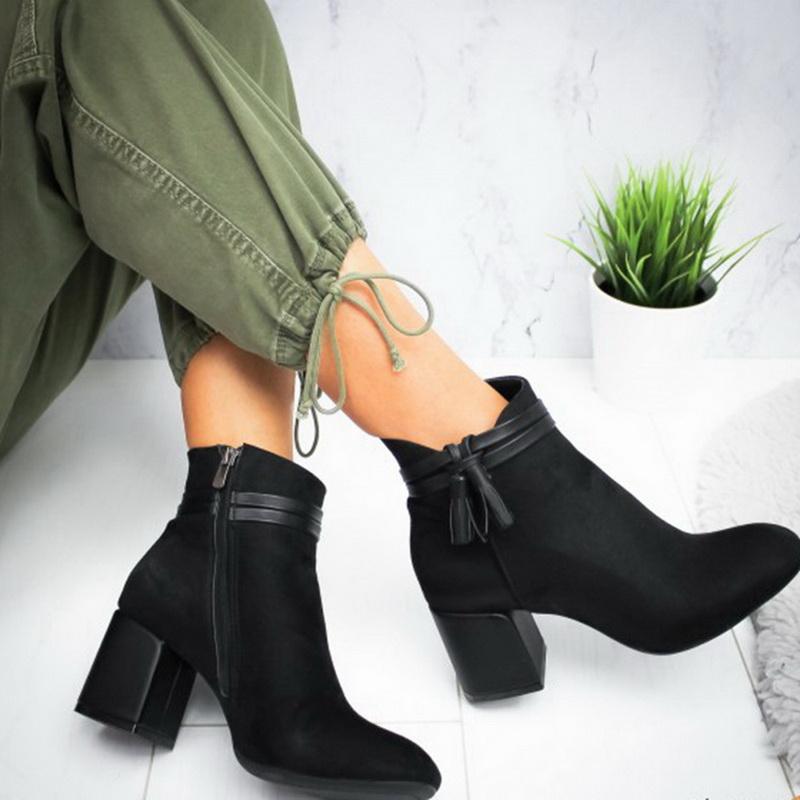 Boots 2022 Red Tassel Ankle Shoes Women's Single Autumn Winter Pointed Toe Thick With Short Leather Women