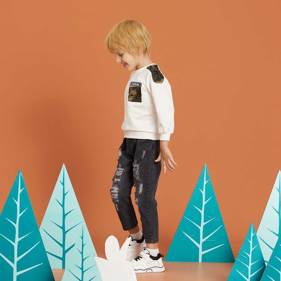 Arrival Spring and Autumn 2-piece Baby Toddler Boy Camouflage Patchwork Long-sleeve Pullover Denim Pants Set 210528